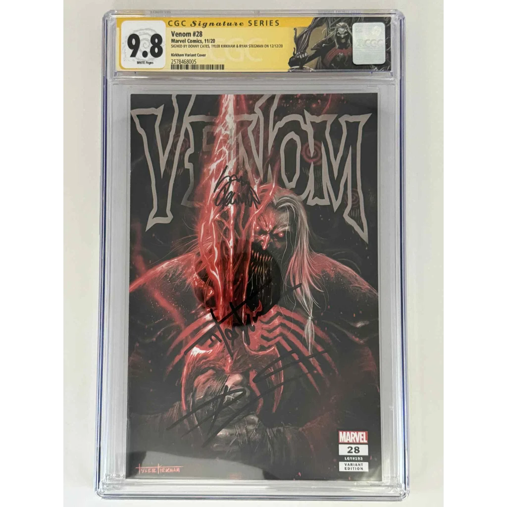 Triple signed Tyler Kirkham Venom 28 yellow label CGC 9.8
