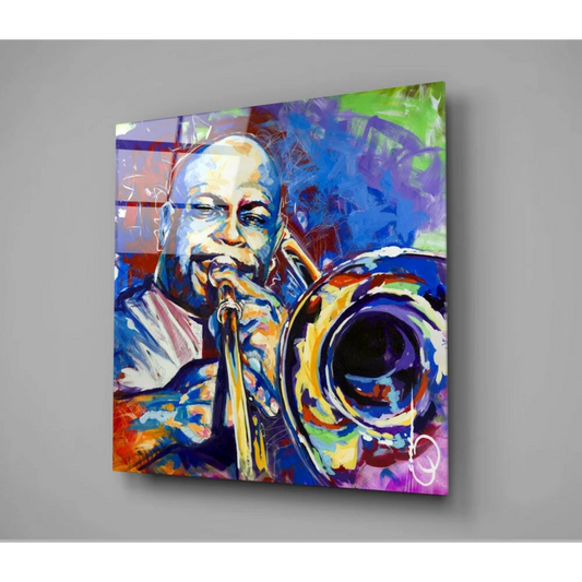 Vibrant abstract jazz trumpet glass wall art in bold colors