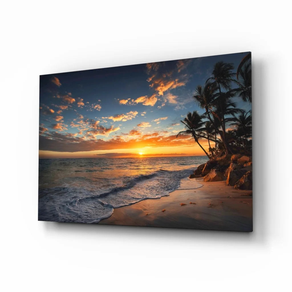 Tropical beach sunset canvas wall art with palm trees and ocean waves