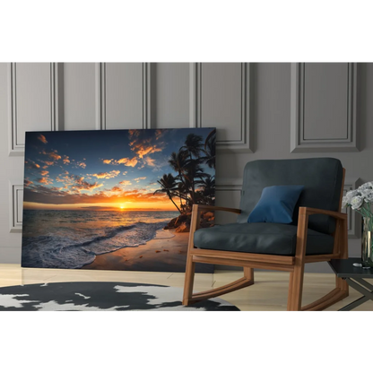 Beige and blue sunset beach wall art with palm trees