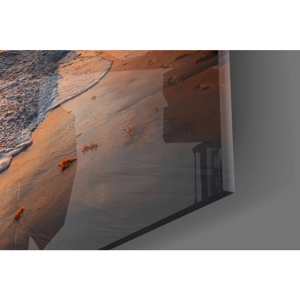 Beige and gray tropical beach sunset canvas wall art with palm trees