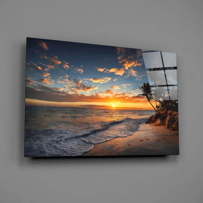 Beige gold sunset beach canvas wall art with palm trees glossy print