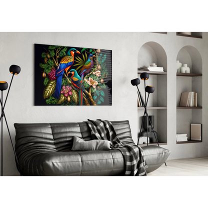 Vibrant tropical glass wall art of colorful parrots in lush foliage