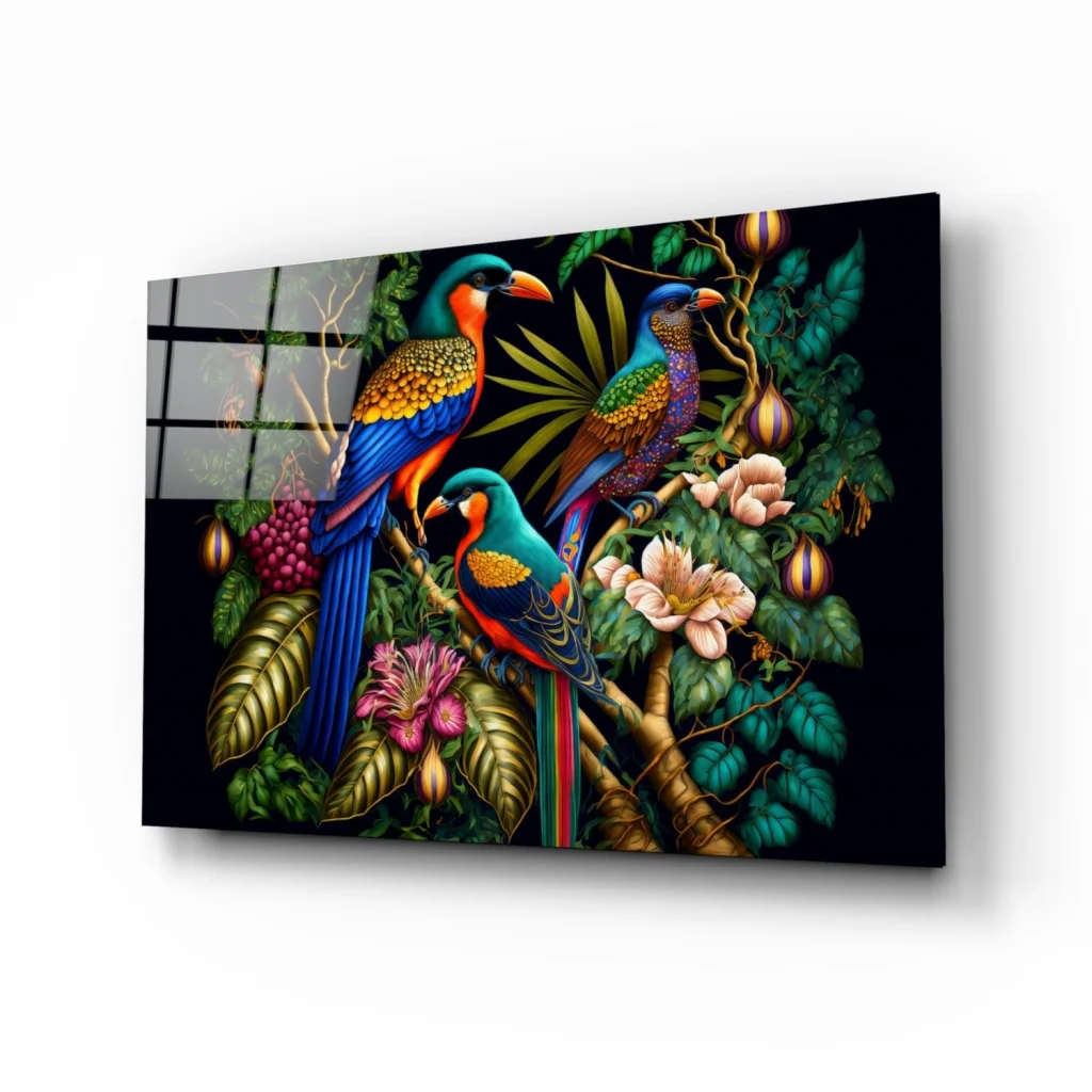 Vibrant tropical bird glass wall art with vivid feathers on black panel