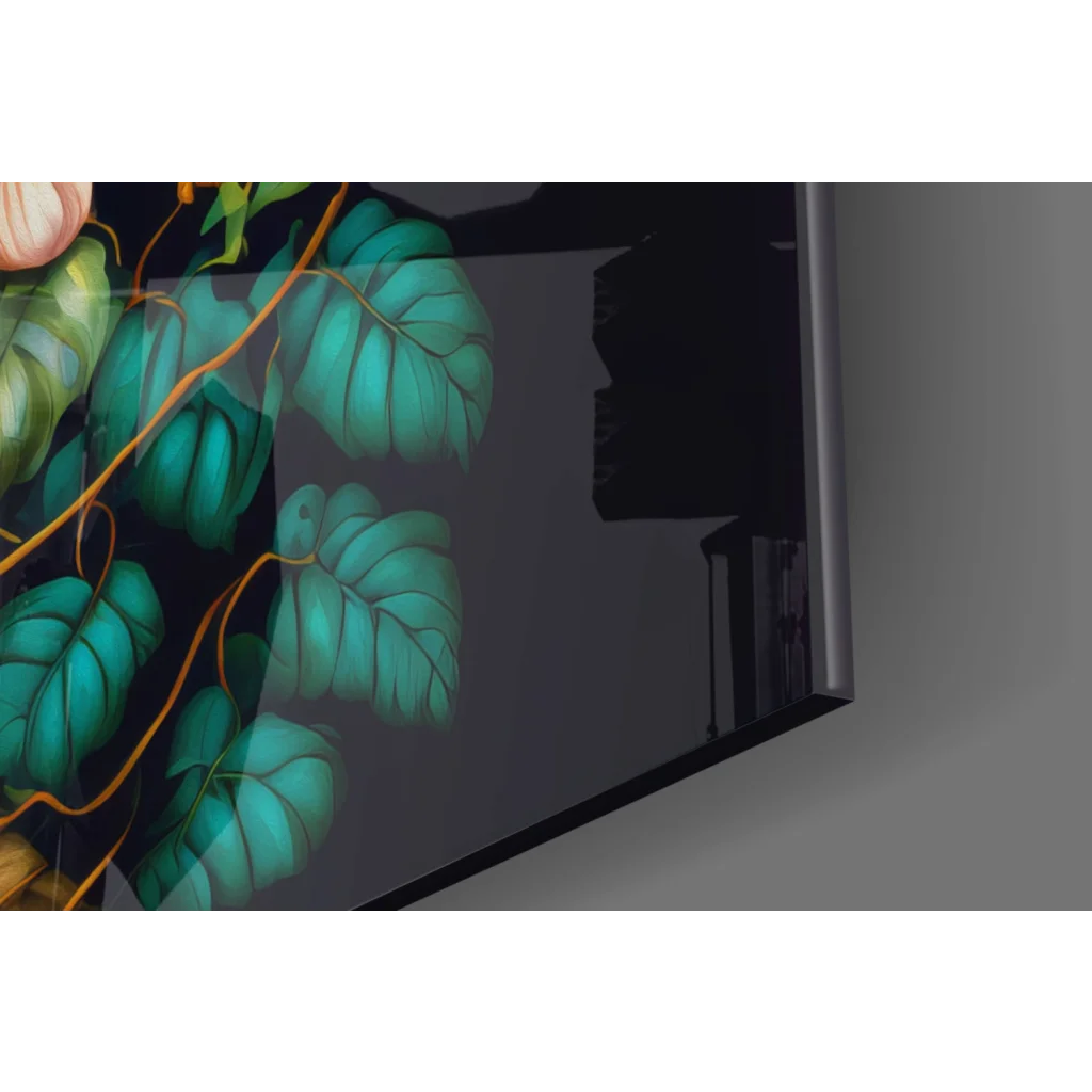 Sleek black-framed glass wall art with teal leaves, golden vines and vivid tropical bird feathers