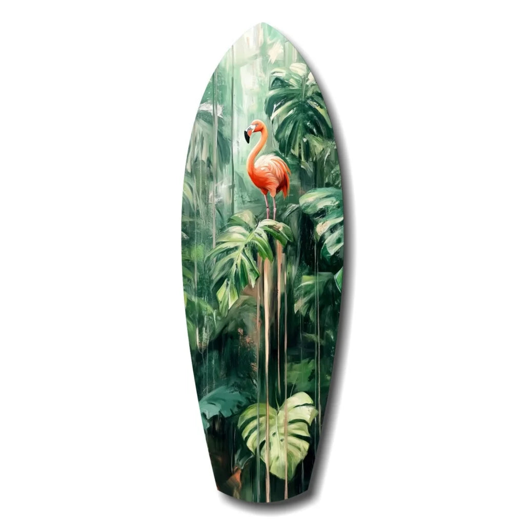 Vibrant pink flamingo on tempered glass art surfboard decor