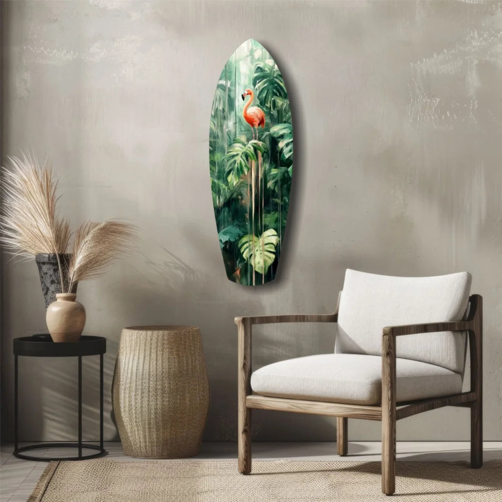 Vibrant flamingo surfboard tempered glass art with tropical foliage