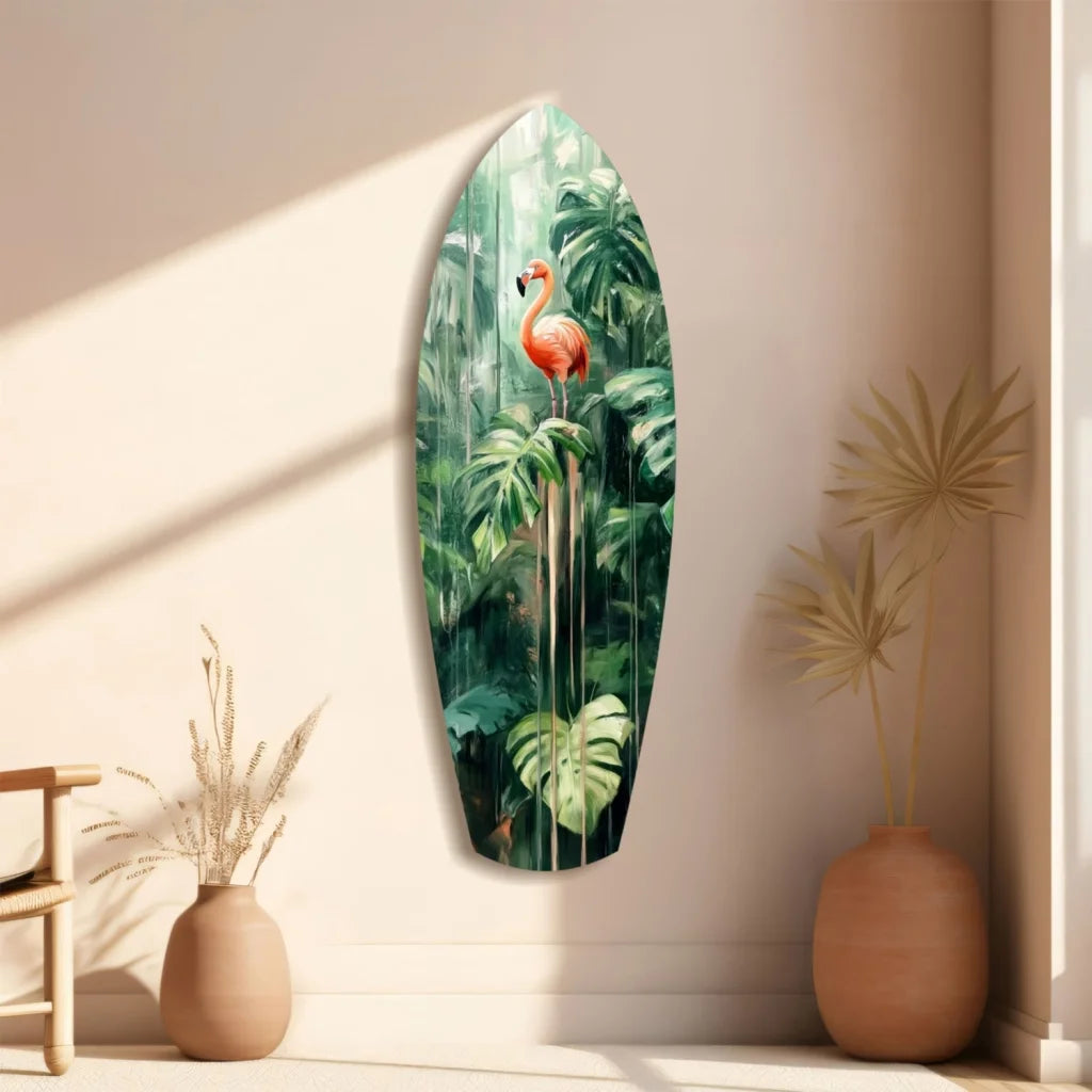 Vibrant pink flamingo tempered glass art on surfboard for tropical vibes