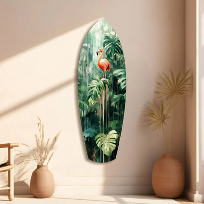 Vibrant pink flamingo tempered glass art on surfboard for tropical vibes