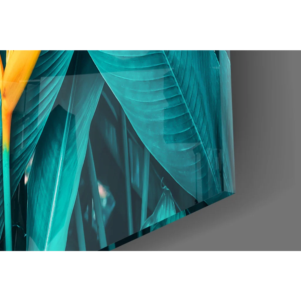 Vibrant teal yellow Tropical Bird of Paradise glass wall art in acrylic frame