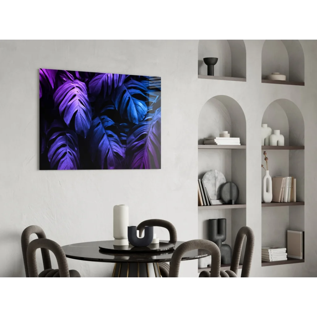 Vibrant purple monstera glass wall art print on white wall