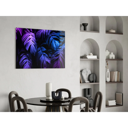 Vibrant purple monstera glass wall art print on white wall