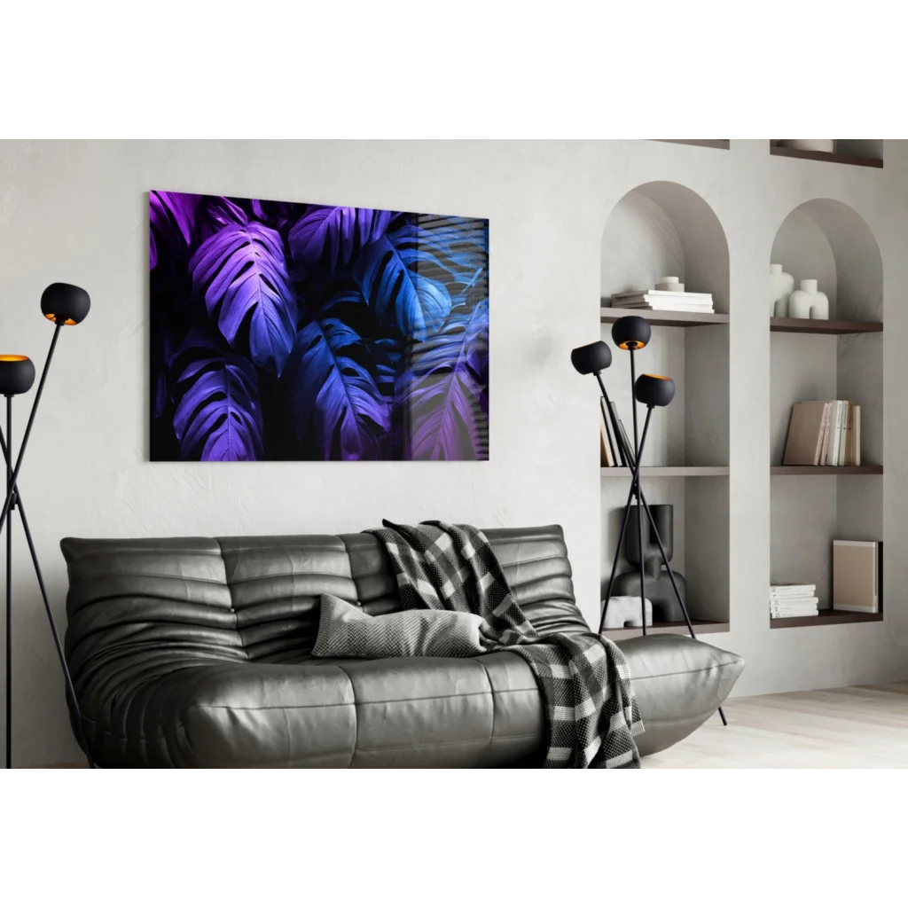 Vibrant purple monstera glass wall art on sleek white wall