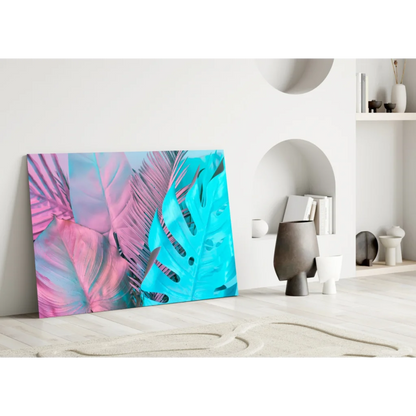 Vibrant tropical pink turquoise glass wall art canvas print with bold leaves