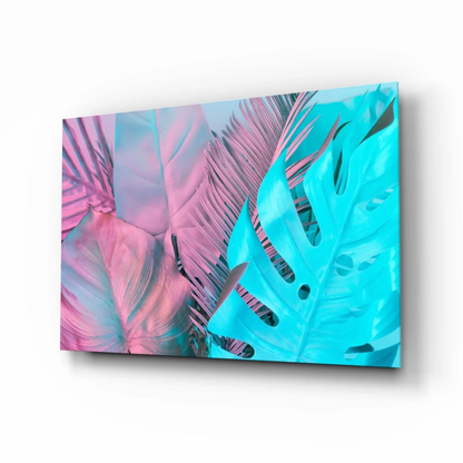 Vibrant tropical pink turquoise glass wall art canvas print with glossy foliage
