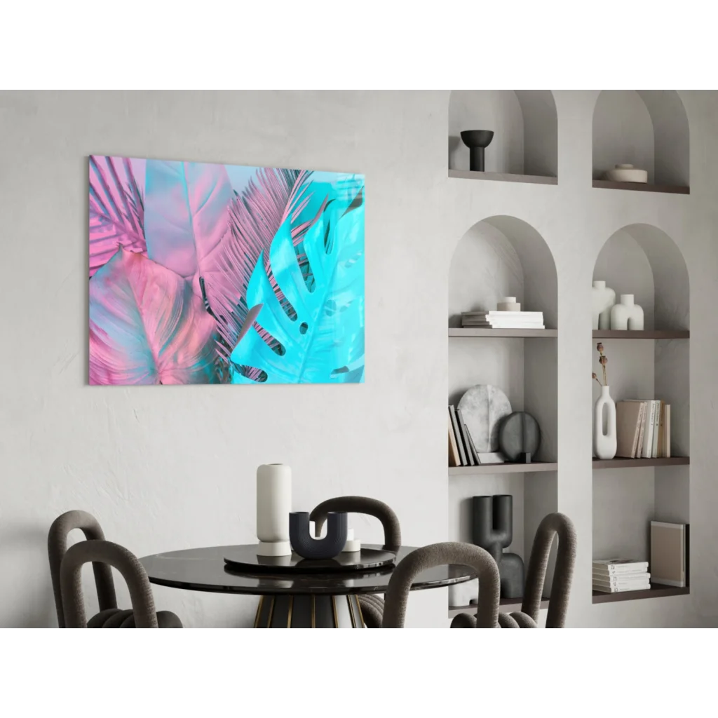 Vibrant tropical pink turquoise glass wall art canvas with abstract leaves