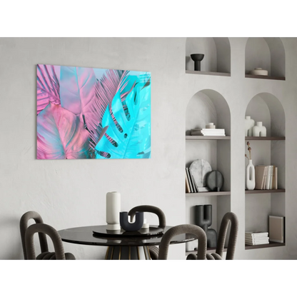Vibrant tropical pink turquoise glass wall art canvas with abstract leaves