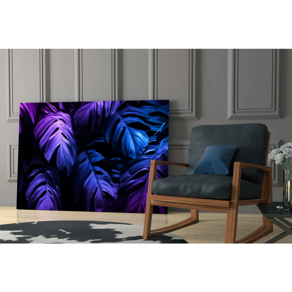 Vibrant purple monstera glass wall art print on canvas