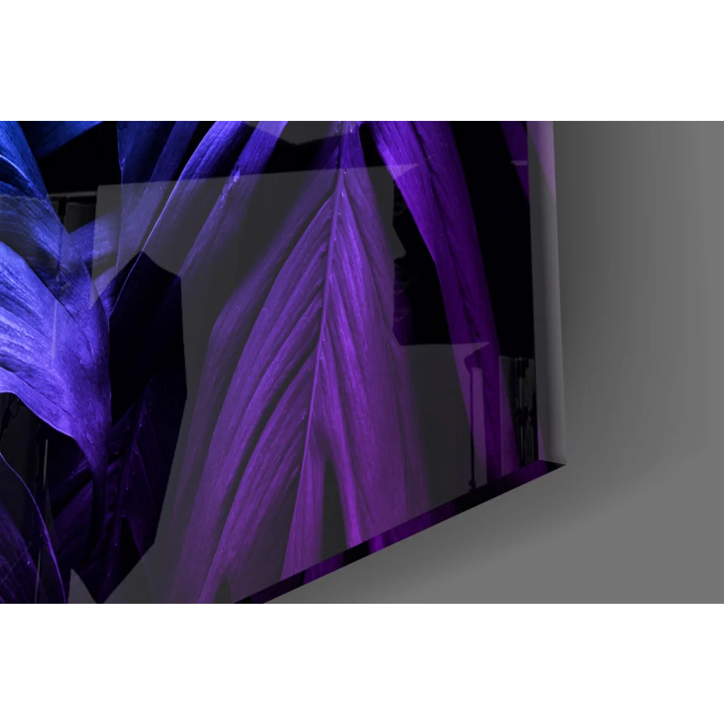 Stunning purple monstera glass wall art with translucent leaf design