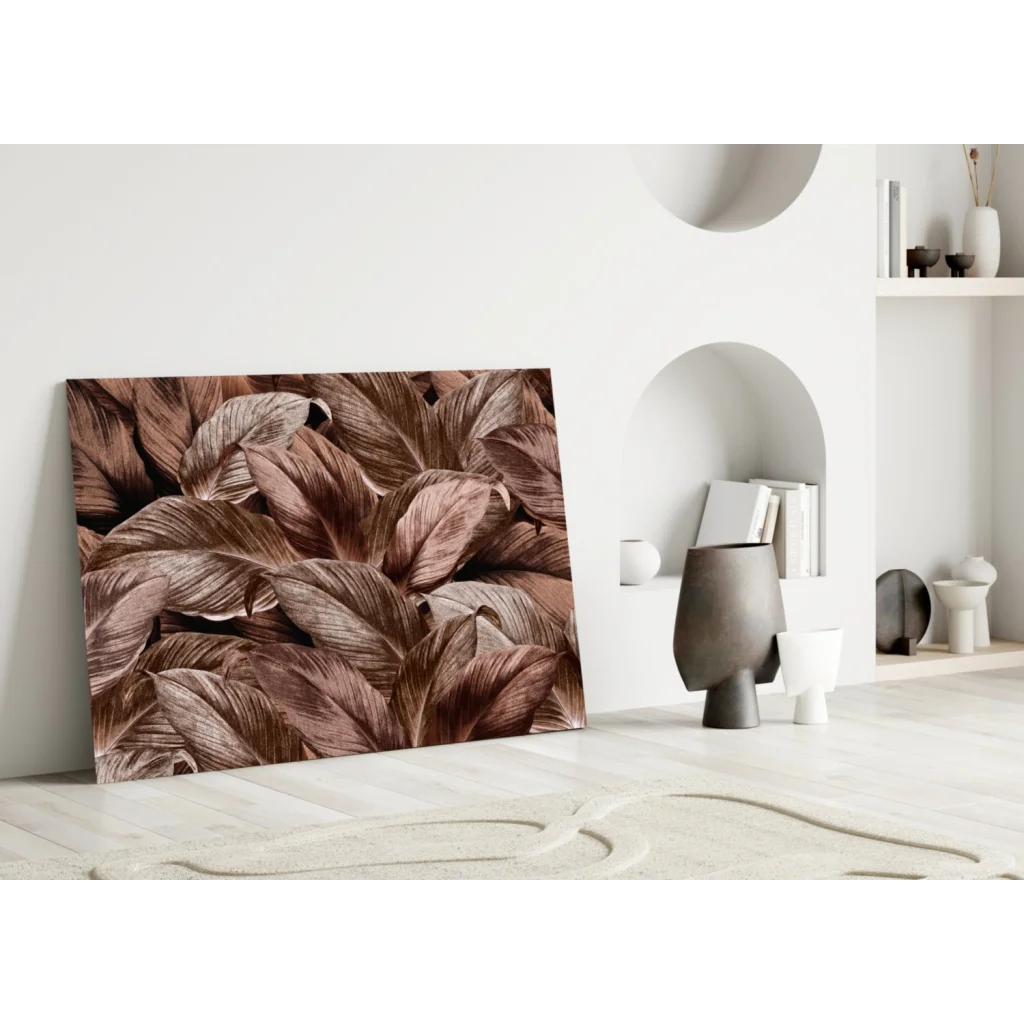 Tropical leaf glass wall art with metallic bronze shimmer on canvas