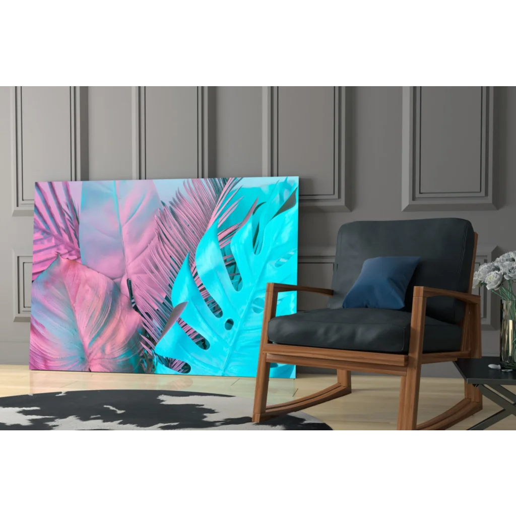 Vibrant Tropical Pink Turquoise Glass Wall Art Canvas Print with stylized leaves