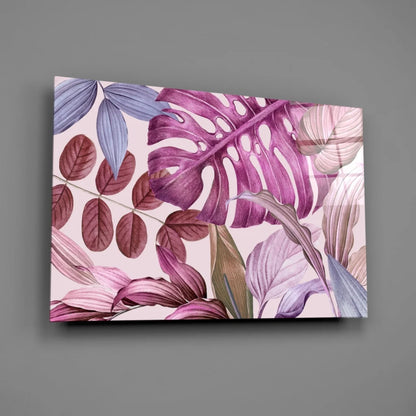 Purple tropical leaves canvas wall art print on blush background