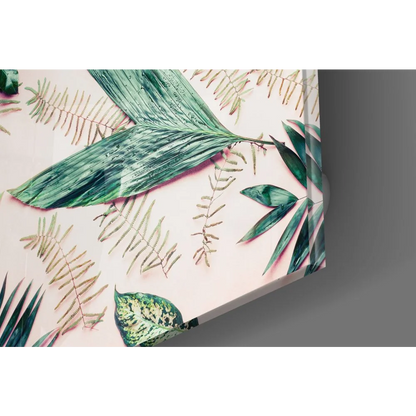 Vibrant tropical leaf tempered glass art in pink and green