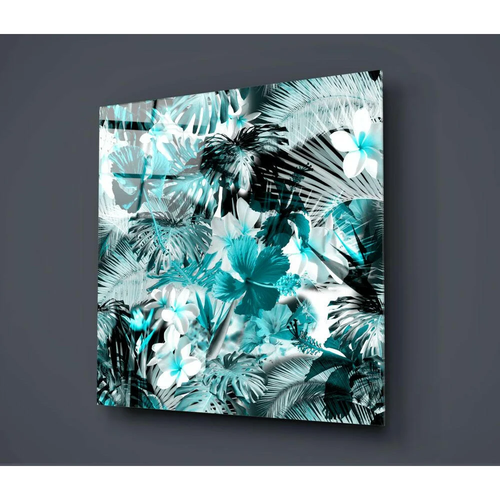 Vibrant teal hibiscus glass wall art with white florals and black leaf silhouettes