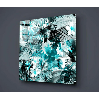 Vibrant teal hibiscus glass wall art with white florals and black leaf silhouettes