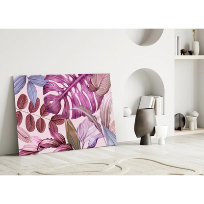 Purple tropical leaves canvas wall art print on blush background