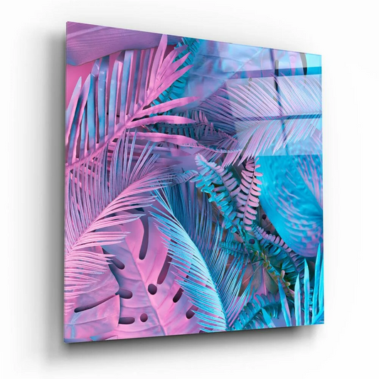 Vibrant neon tropical leaf glass wall art panel in pink and blue