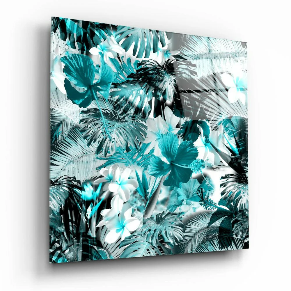 Tropical Teal Hibiscus glass wall art with teal hibiscus and monstera leaves