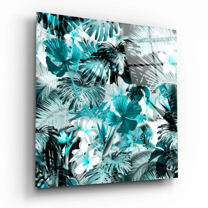 Tropical Teal Hibiscus glass wall art with teal hibiscus and monstera leaves
