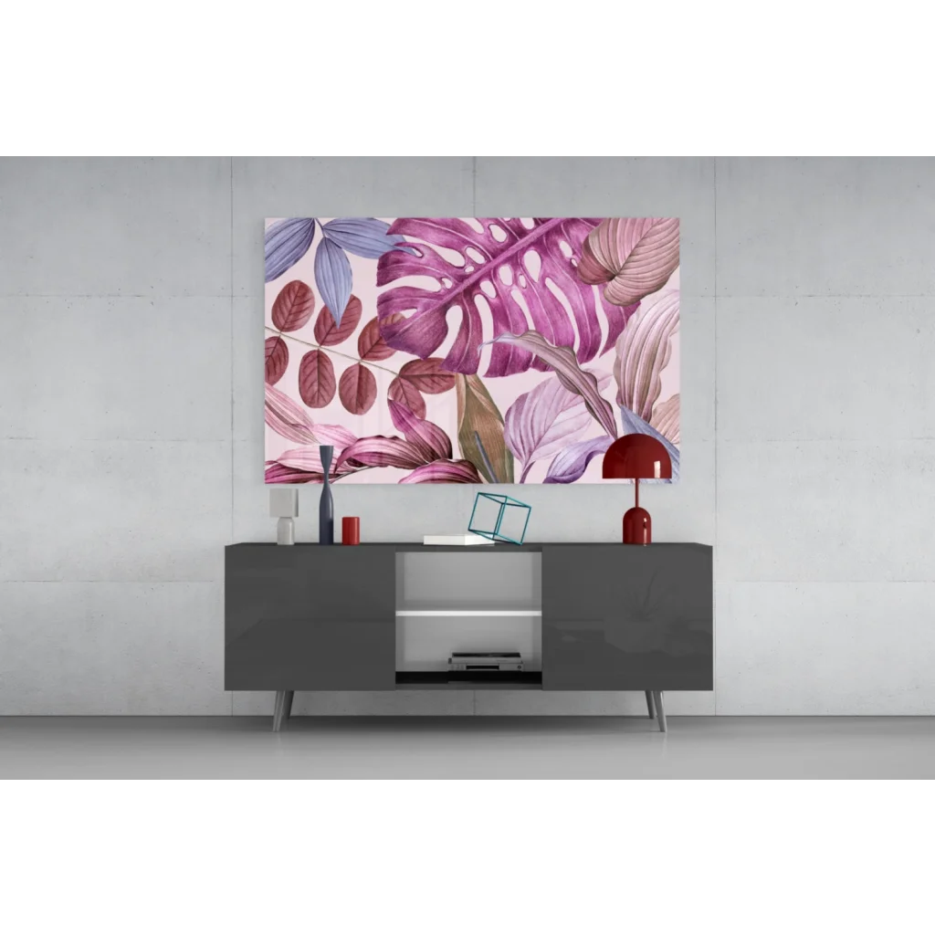Vibrant purple tropical leaves wall art print in pink, purple, mauve shades