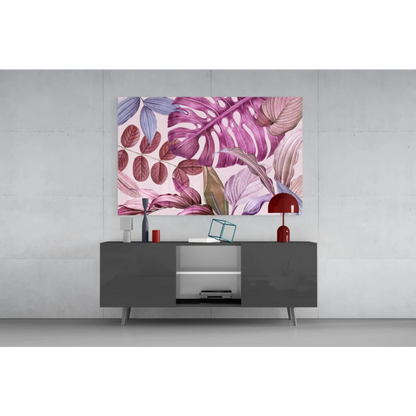 Vibrant purple tropical leaves wall art print in pink, purple, mauve shades