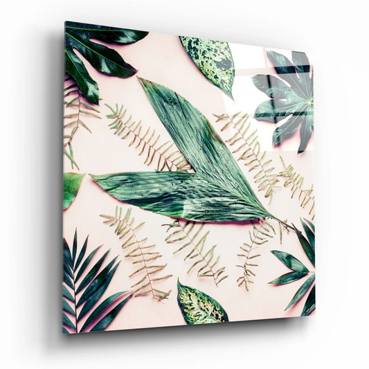 Vibrant tropical leaf tempered glass art on pink background