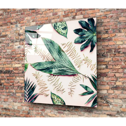 Vibrant tropical leaf tempered glass art in pink and green
