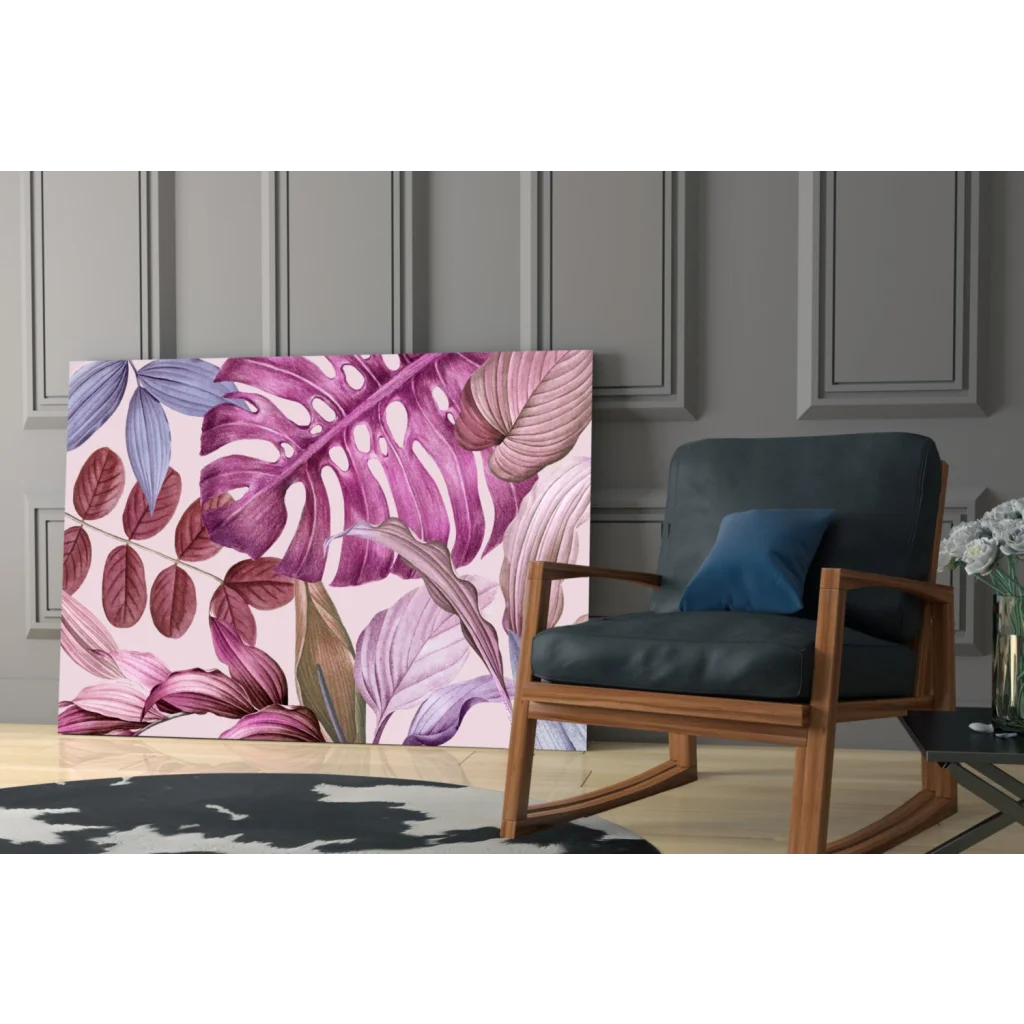 Purple tropical leaves canvas wall art with pink monstera on blush background