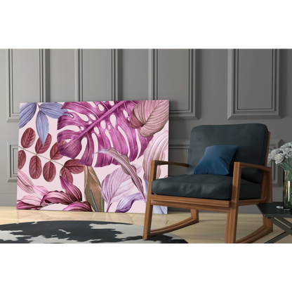 Purple tropical leaves canvas wall art with pink monstera on blush background