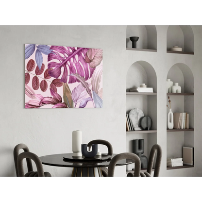 Purple tropical leaves canvas wall art print in pink and mauve