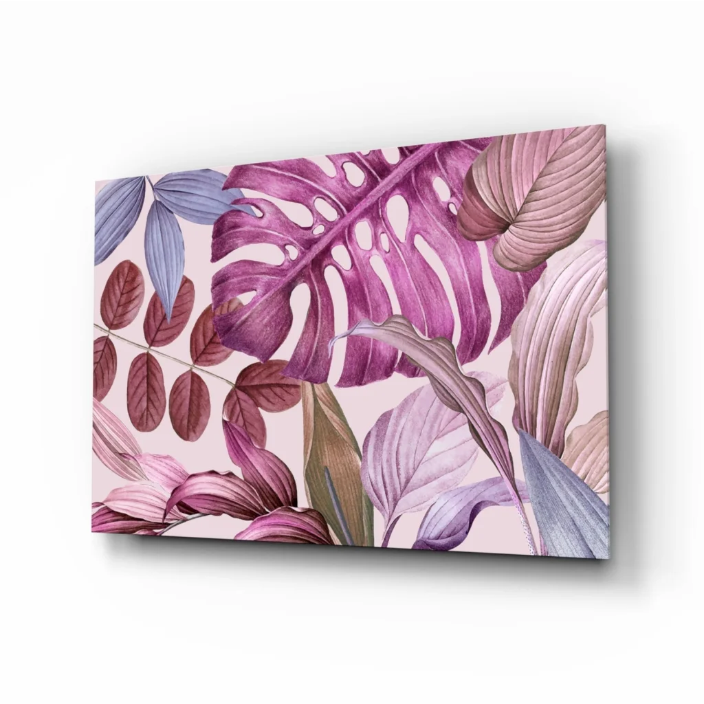 Purple tropical leaves canvas wall art print with vibrant monstera on pink background