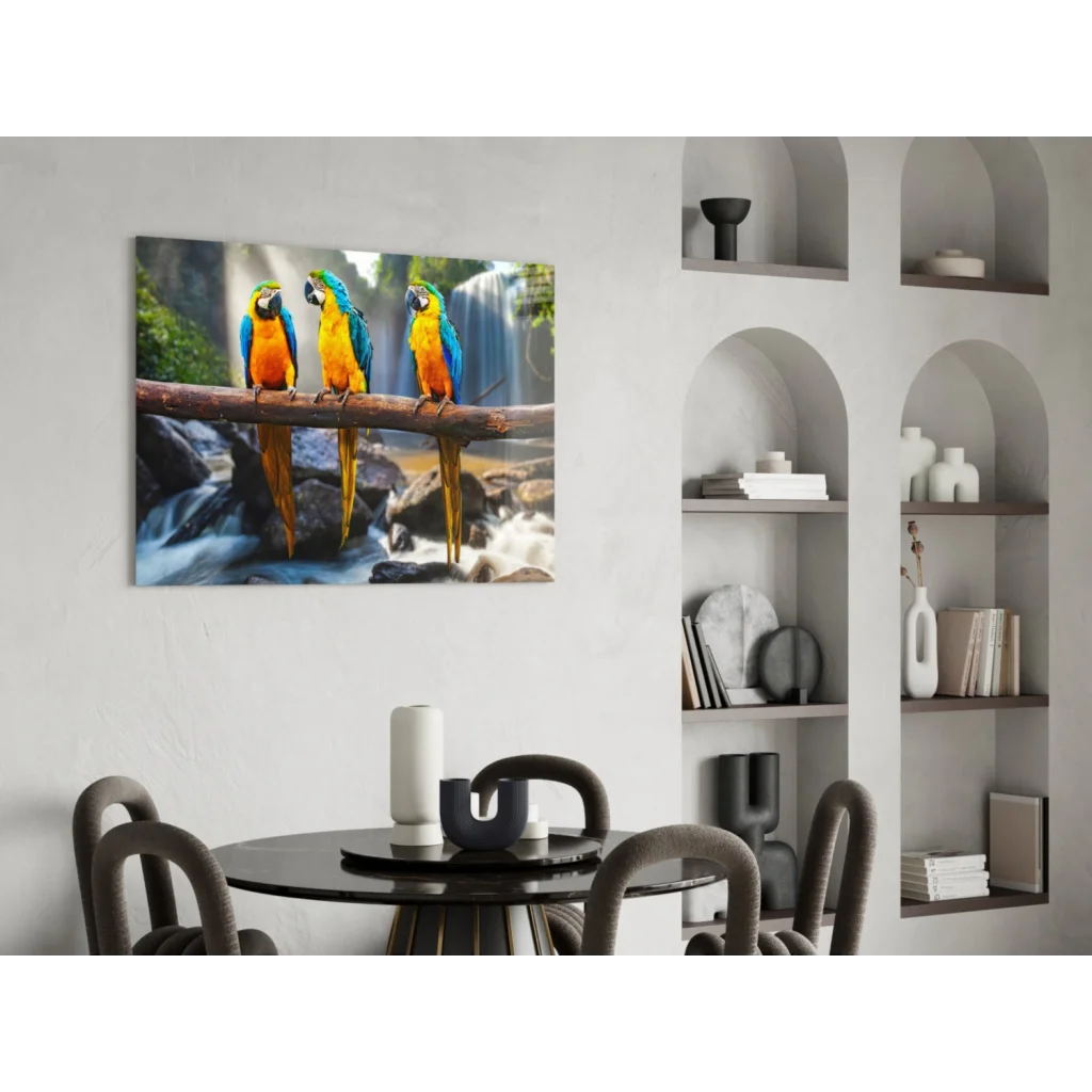 Vibrant macaw wall art canvas with blue yellow birds over waterfall