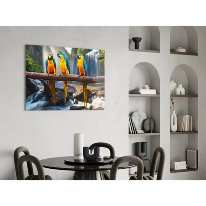 Vibrant macaw wall art canvas with blue yellow birds over waterfall
