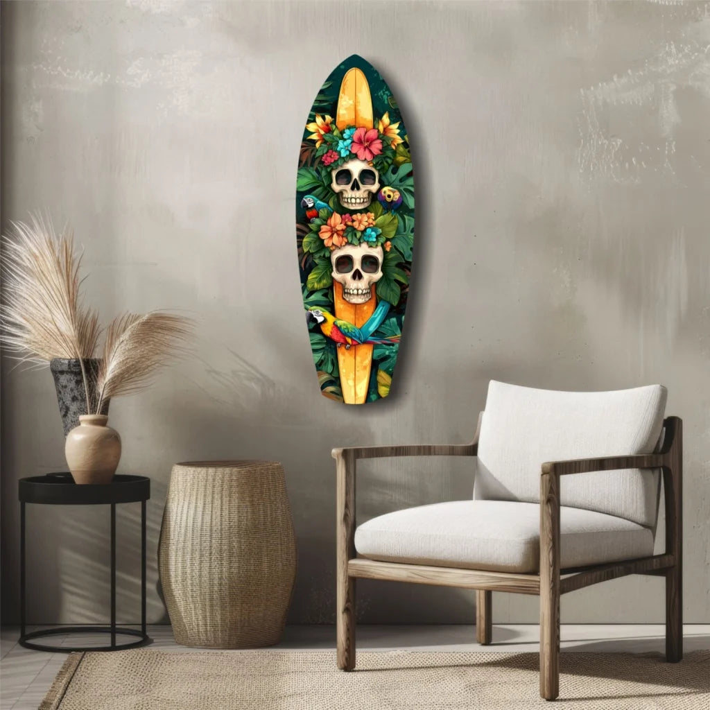 Tropical skull surfboard tempered glass art with parrots and flowers