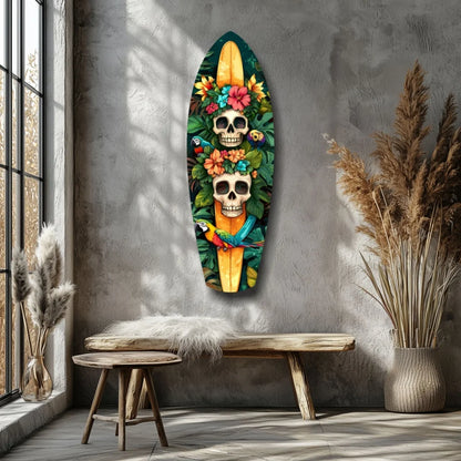 Vibrant tropical skull surfboard tempered glass art with parrots and mystique
