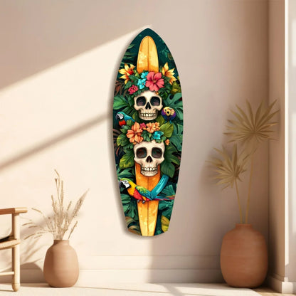 Vibrant tropical skull surfboard tempered glass art with parrots
