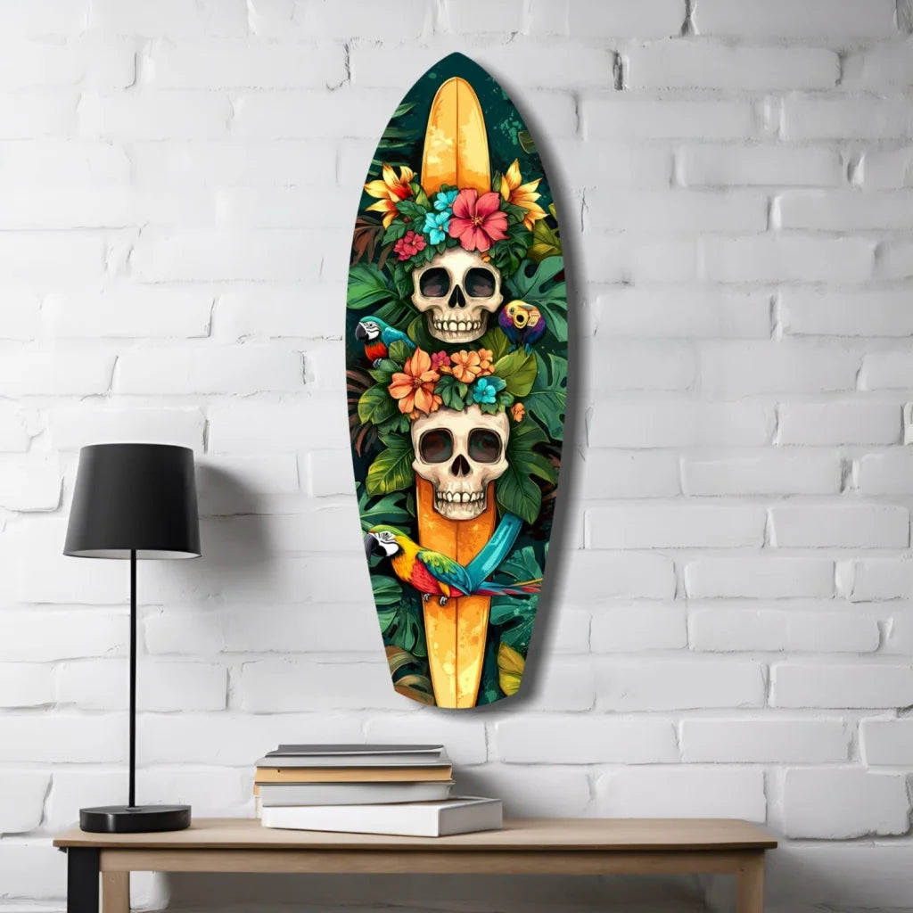 Tropical Skull Surfboard Tempered Glass Art with Parrots | Contemporary Home Wall Art | vintageantiquesgifts.com
