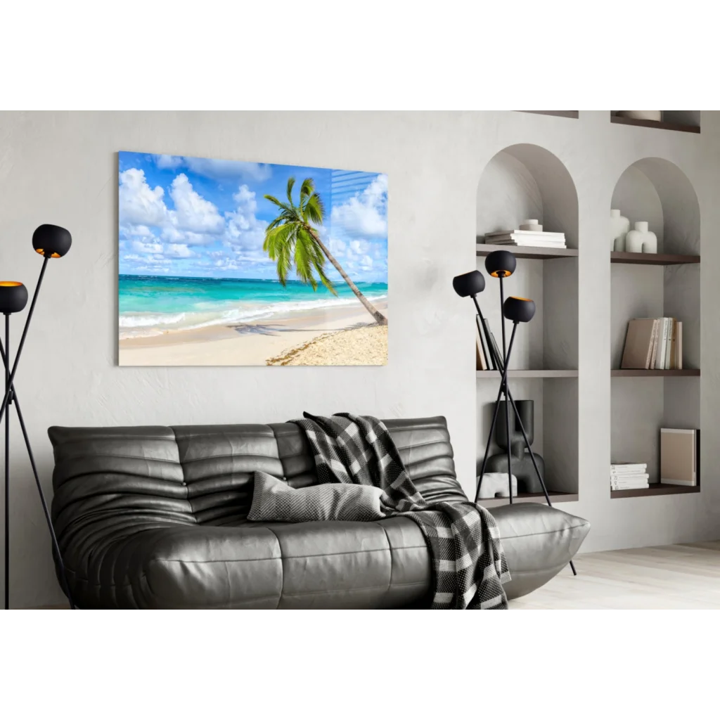 Beige turquoise beach glass wall art with leaning palm tree