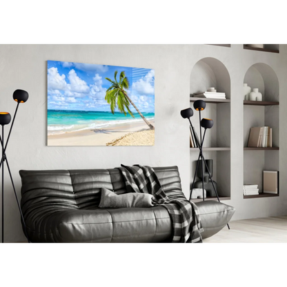 Beige turquoise beach glass wall art with leaning palm tree