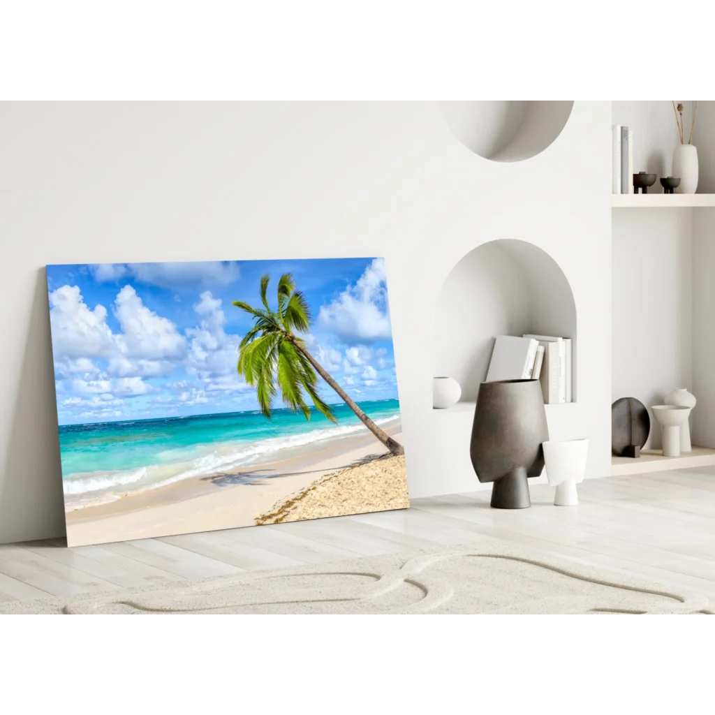 Vibrant leaning palm tree glass wall art on tropical beach scene